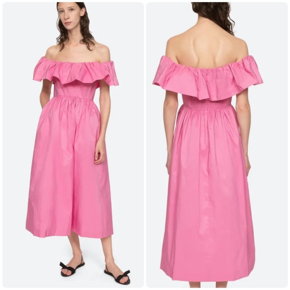 NEW SEA New York Diana Taffeta Off The Shoulder Midi Dress Pink Sz 14 Cocktail - Picture 1 of 16